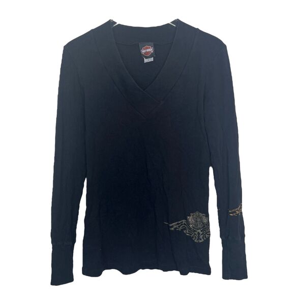 Harley Davidson Retro V-Neck Biker Long Sleeve Tee T-Shirt Black Gold Large - Picture 1 of 7